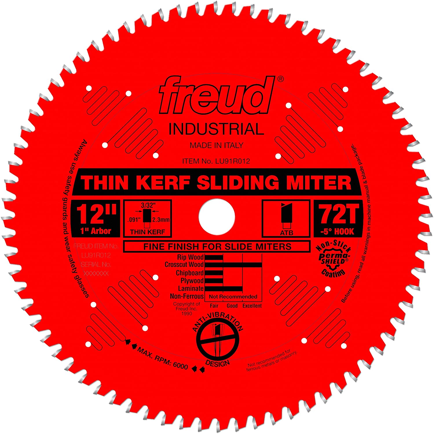 Freud/Diablo  LU91R012  12" x 72 Tooth Thin Kerf Fine Finish Saw Blade